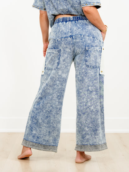 POL Mineral Wash Elastic Waist Pants with Ribbed Patch Pockets