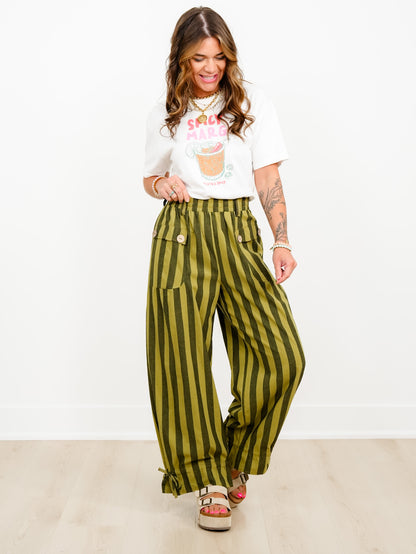 Plus/Reg Striped Elastic Waist Wide Leg Pants With Tiered Panels - Freckled Poppy