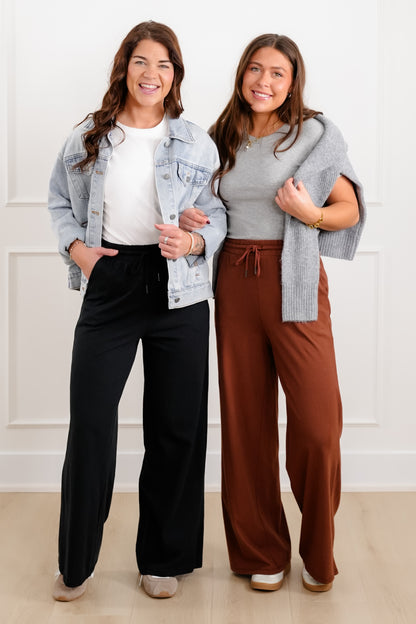 Solid Cotton Elastic Waist Wide Leg Pants - Freckled Poppy
