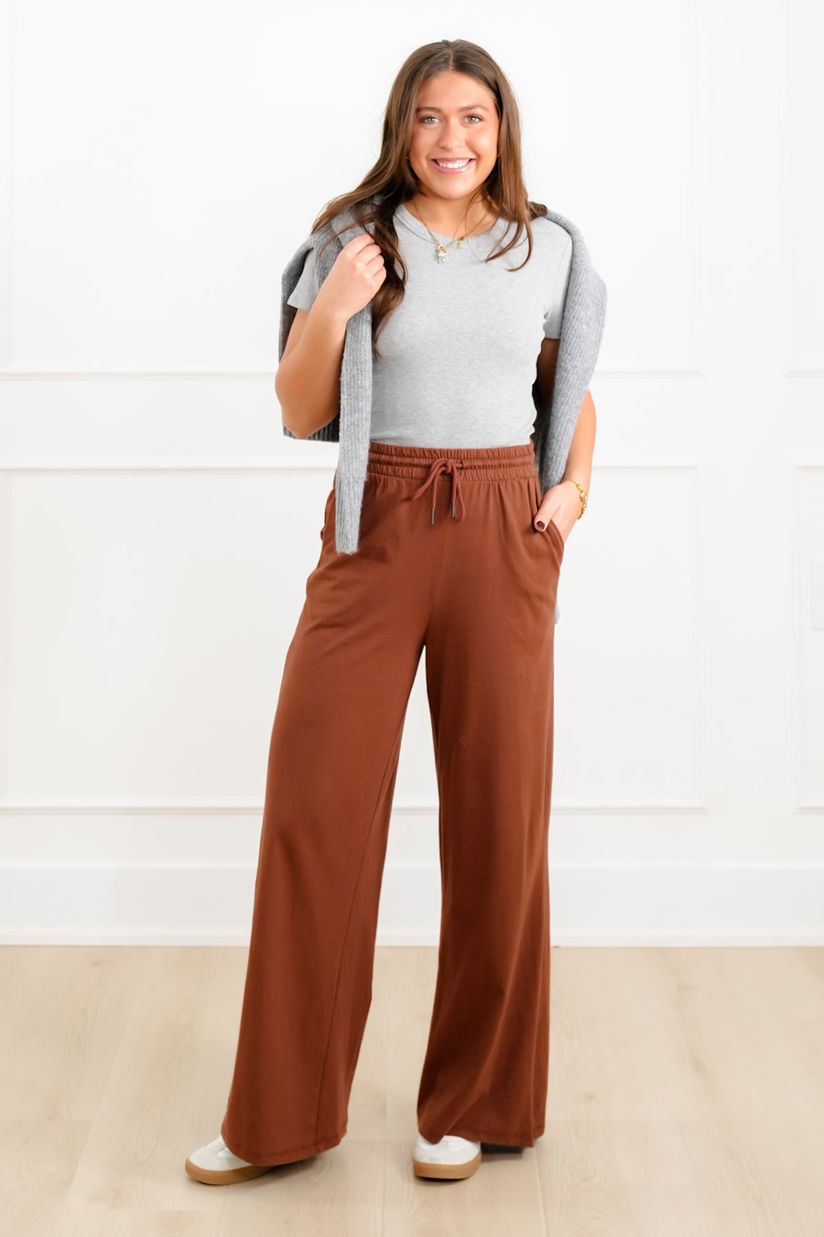 Solid Cotton Elastic Waist Wide Leg Pants - Freckled Poppy