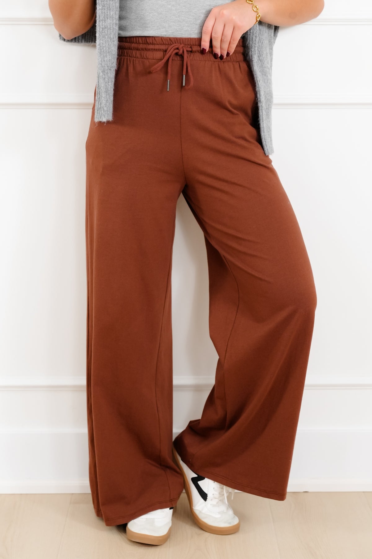 Solid Cotton Elastic Waist Wide Leg Pants - Freckled Poppy
