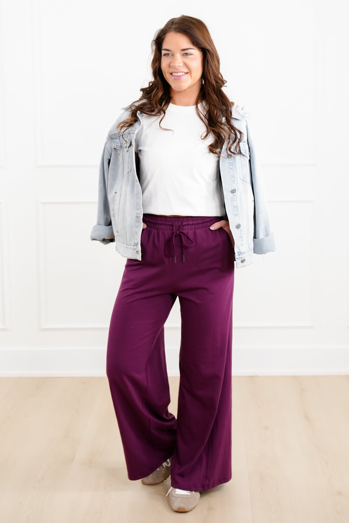 Solid Cotton Elastic Waist Wide Leg Pants - Freckled Poppy