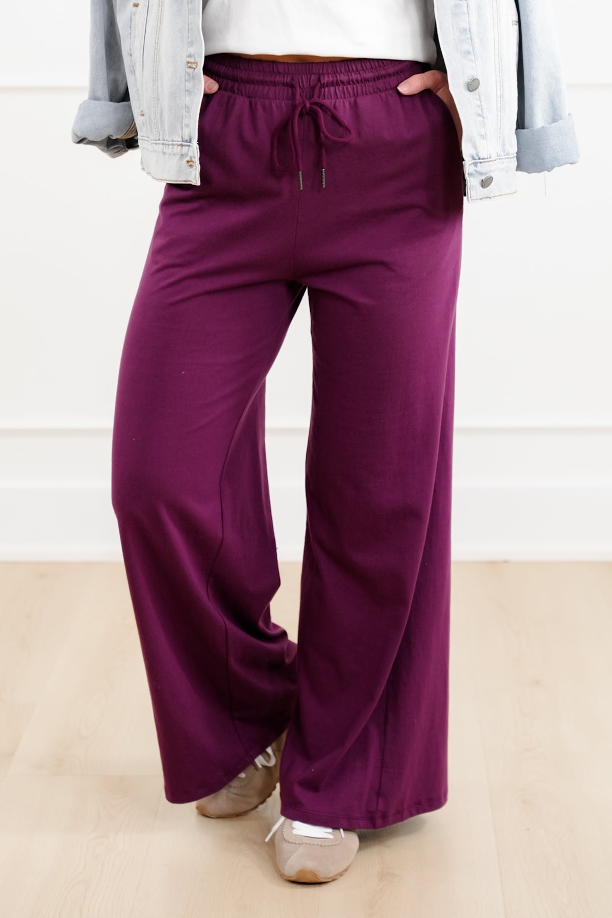 Solid Cotton Elastic Waist Wide Leg Pants - Freckled Poppy