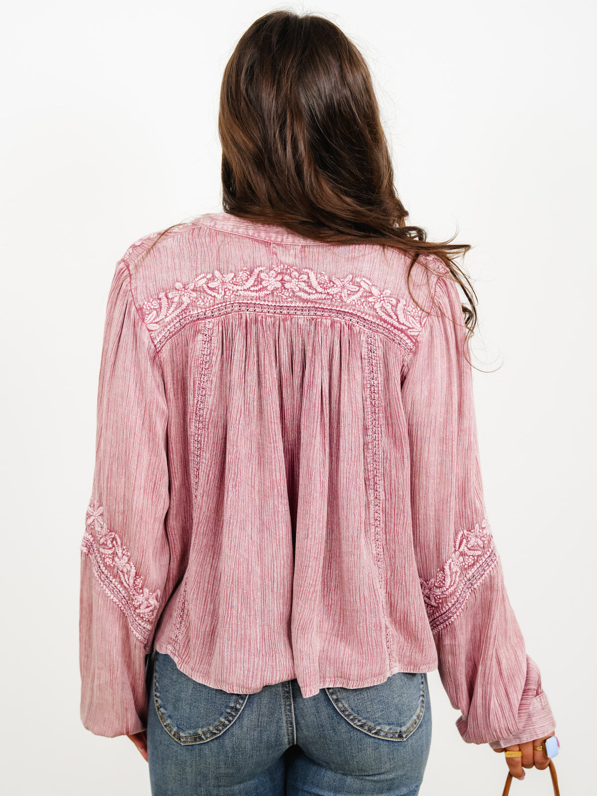 POL Embroidered Long Sleeve V-Neck Top - Freckled Poppy