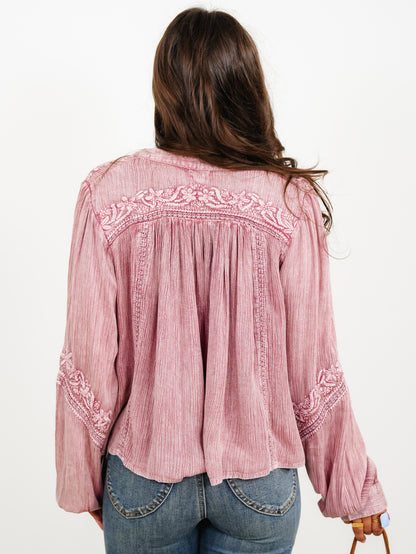 POL Embroidered Long Sleeve V-Neck Top - Freckled Poppy