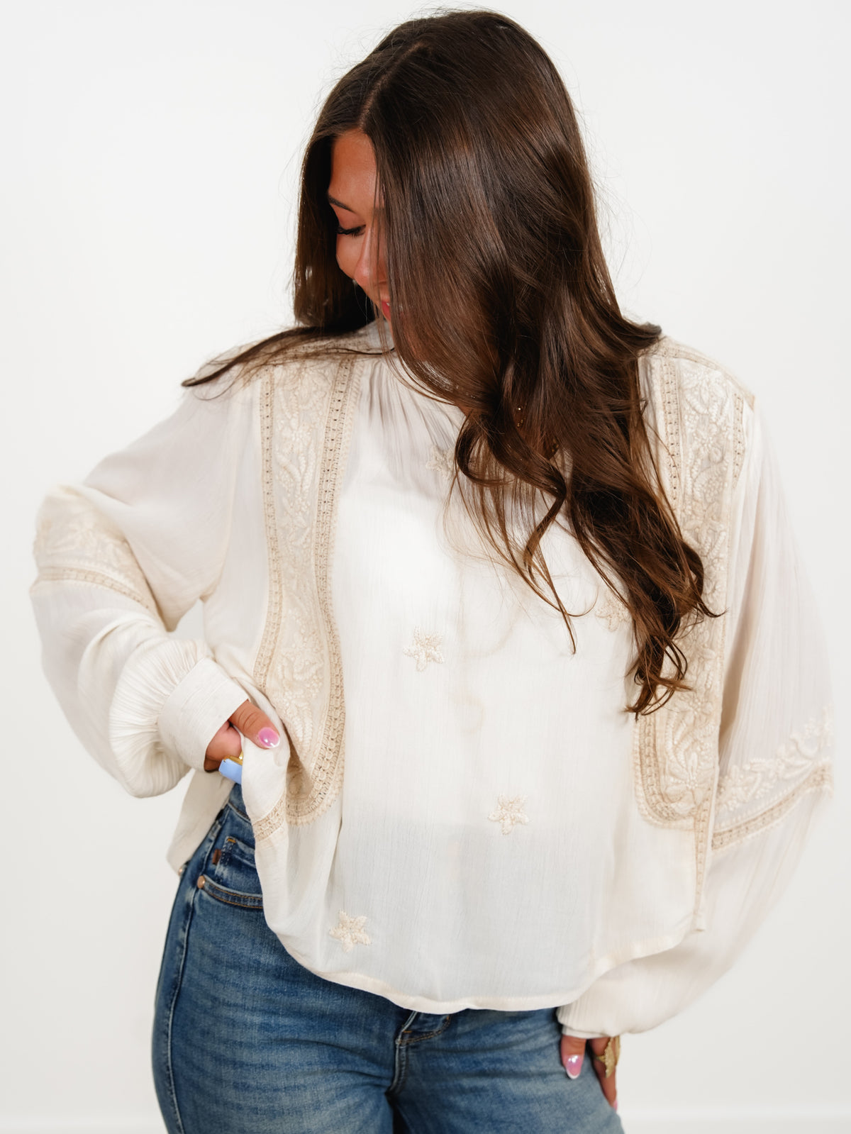 POL Embroidered Long Sleeve V-Neck Top - Freckled Poppy