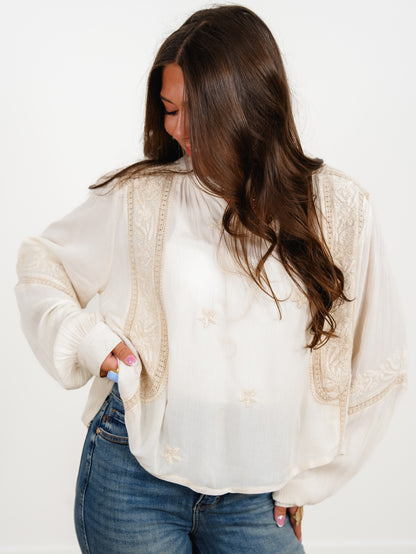 POL Embroidered Long Sleeve V-Neck Top - Freckled Poppy