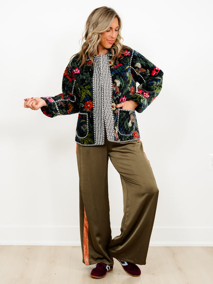 POL Floral Quilted Velvet Open Front Jacket with Stripe Detail