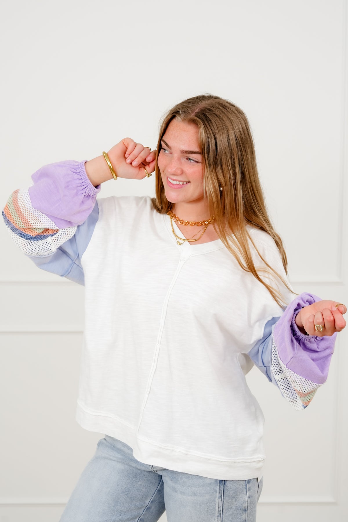 Cotton Long Stripe Sleeve V Neck Top - Freckled Poppy