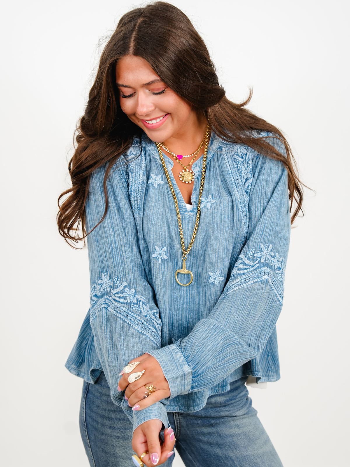 POL Embroidered Long Sleeve V-Neck Top - Freckled Poppy