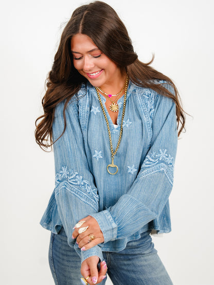 POL Embroidered Long Sleeve V-Neck Top - Freckled Poppy