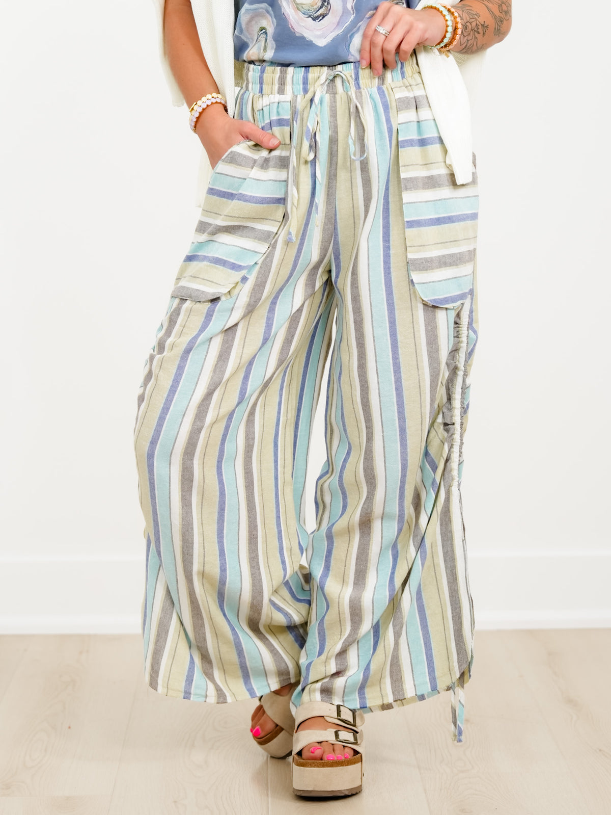 Vertical Stripe Elastic Waist Wide Leg Pants - Freckled Poppy