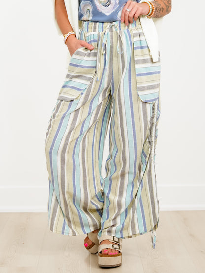 Vertical Stripe Elastic Waist Wide Leg Pants - Freckled Poppy