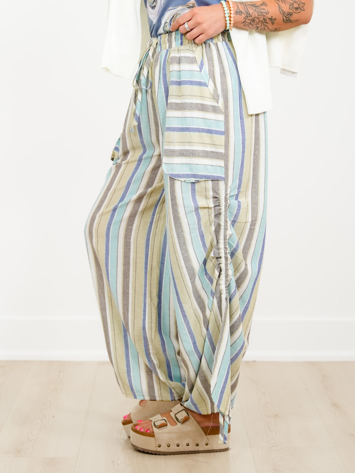 Vertical Stripe Elastic Waist Wide Leg Pants - Freckled Poppy