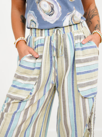 Vertical Stripe Elastic Waist Wide Leg Pants - Freckled Poppy