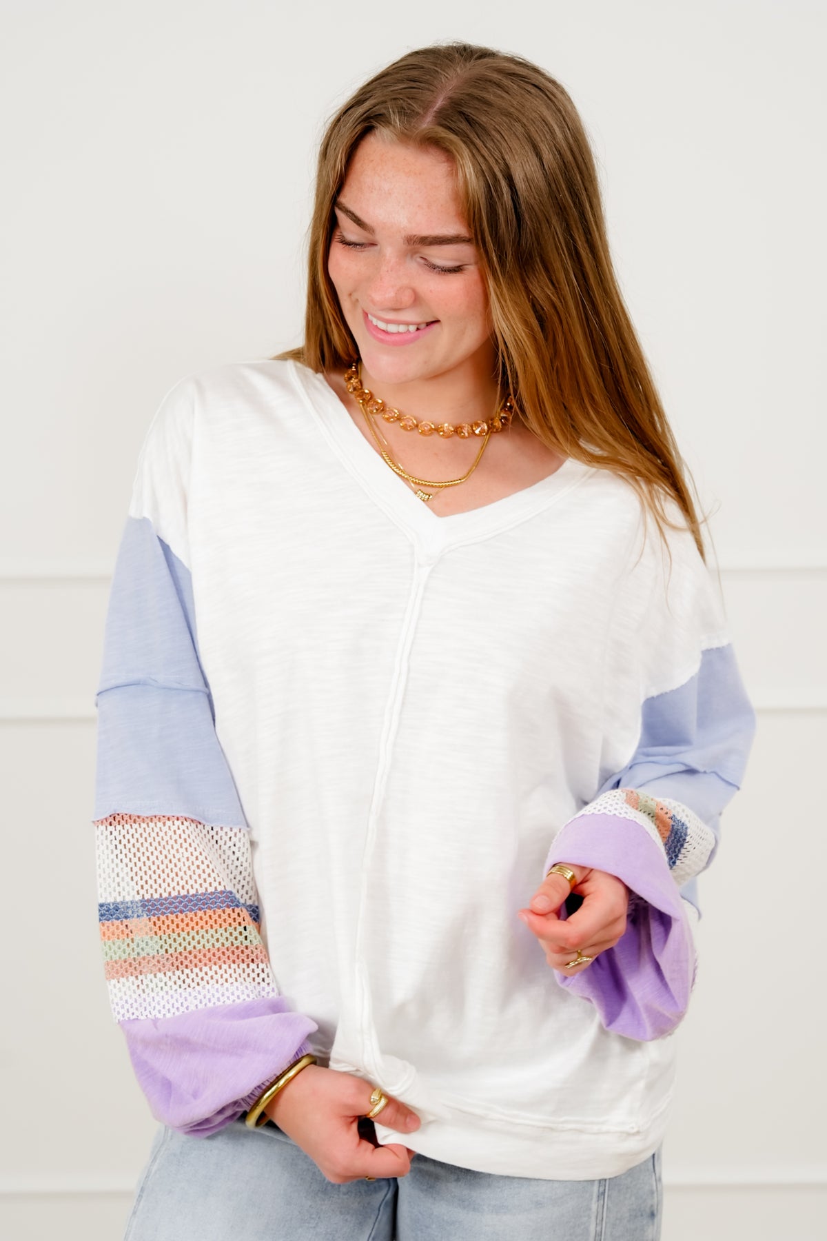 Cotton Long Stripe Sleeve V Neck Top - Freckled Poppy