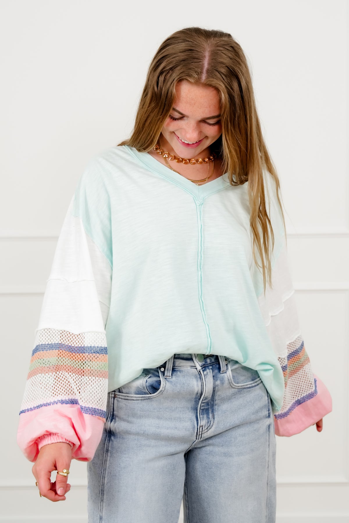 Cotton Long Stripe Sleeve V Neck Top - Freckled Poppy