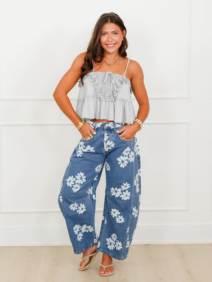 POL Grey Spaghetti Strap Top With Lace Trim - Freckled Poppy