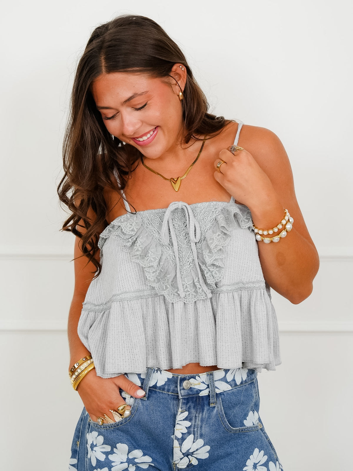 POL Grey Spaghetti Strap Top With Lace Trim - Freckled Poppy
