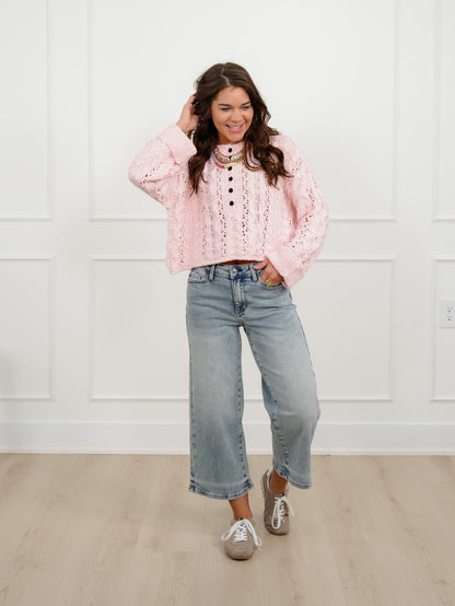 Textured Knit Long Sleeve Half Button Up Sweater - Freckled Poppy