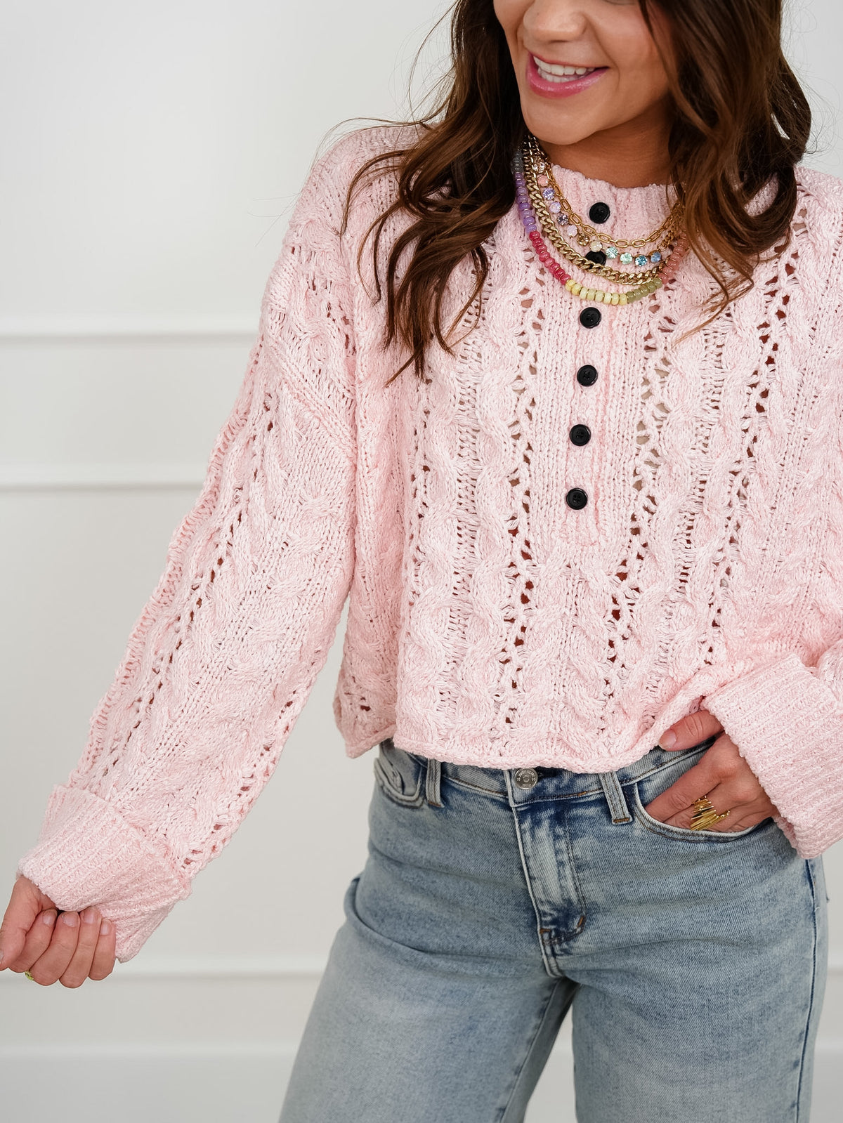 Textured Knit Long Sleeve Half Button Up Sweater - Freckled Poppy