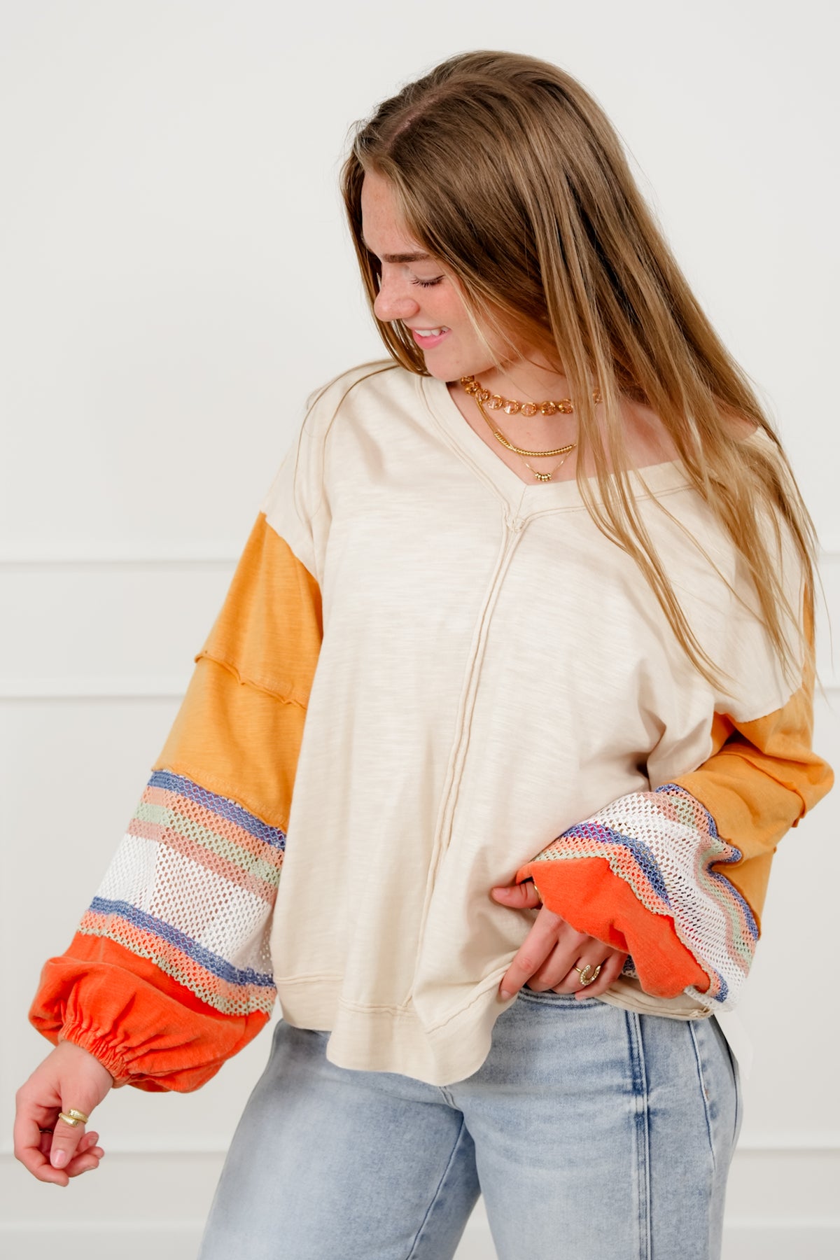 Cotton Long Stripe Sleeve V Neck Top - Freckled Poppy