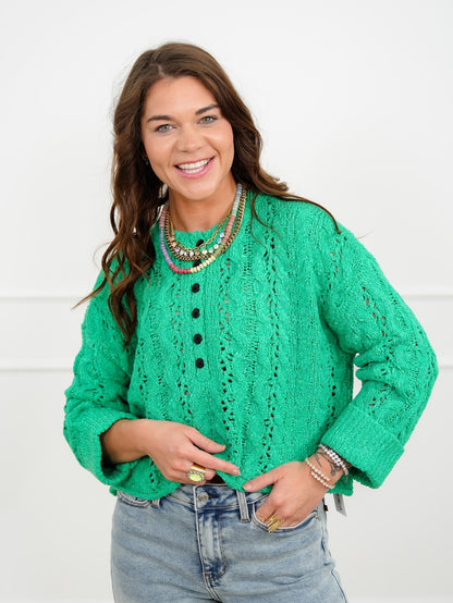 Textured Knit Long Sleeve Half Button Up Sweater - Freckled Poppy