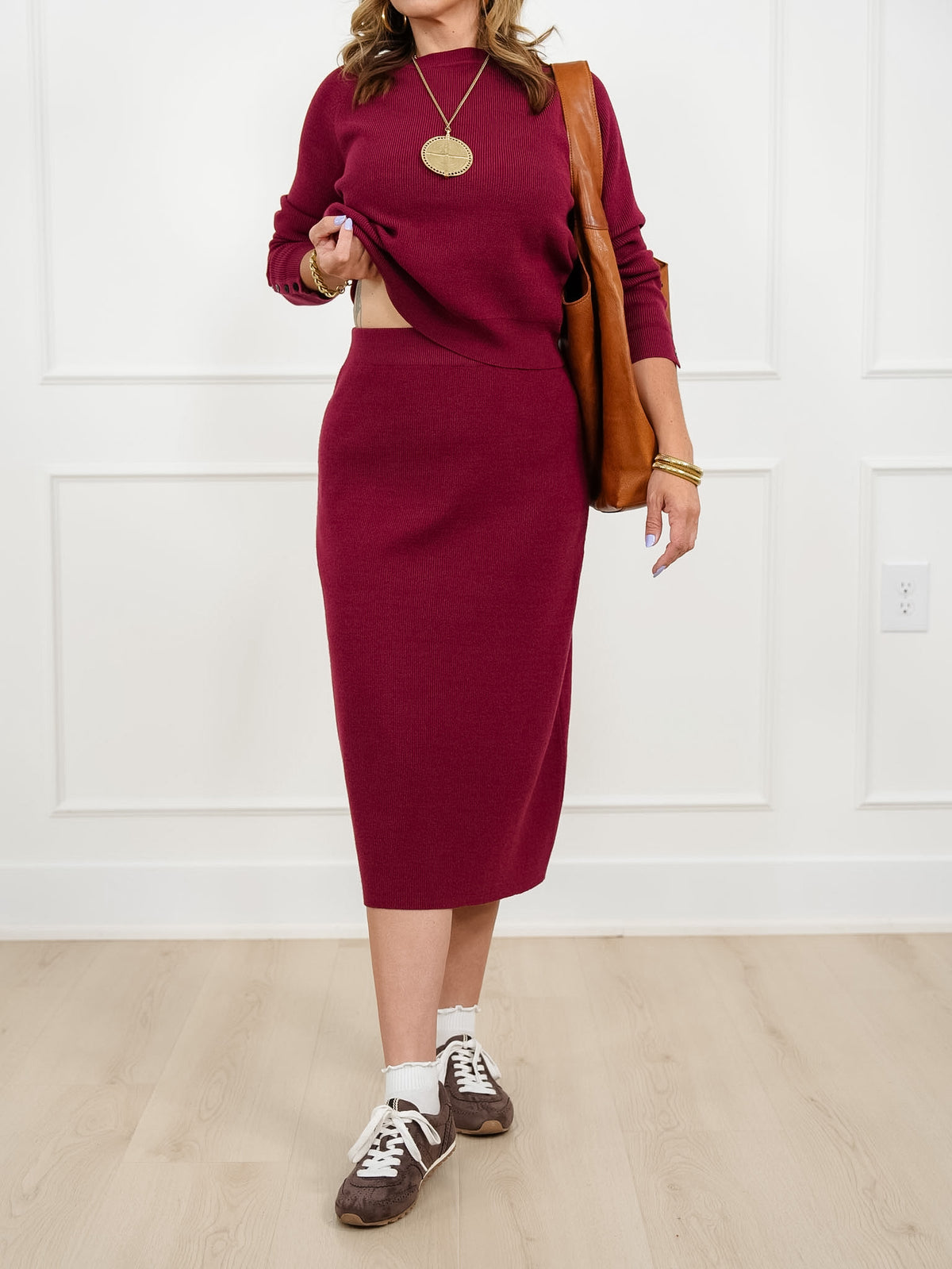 Knit Long Sleeve Sweater and Midi Skirt Set - Freckled Poppy