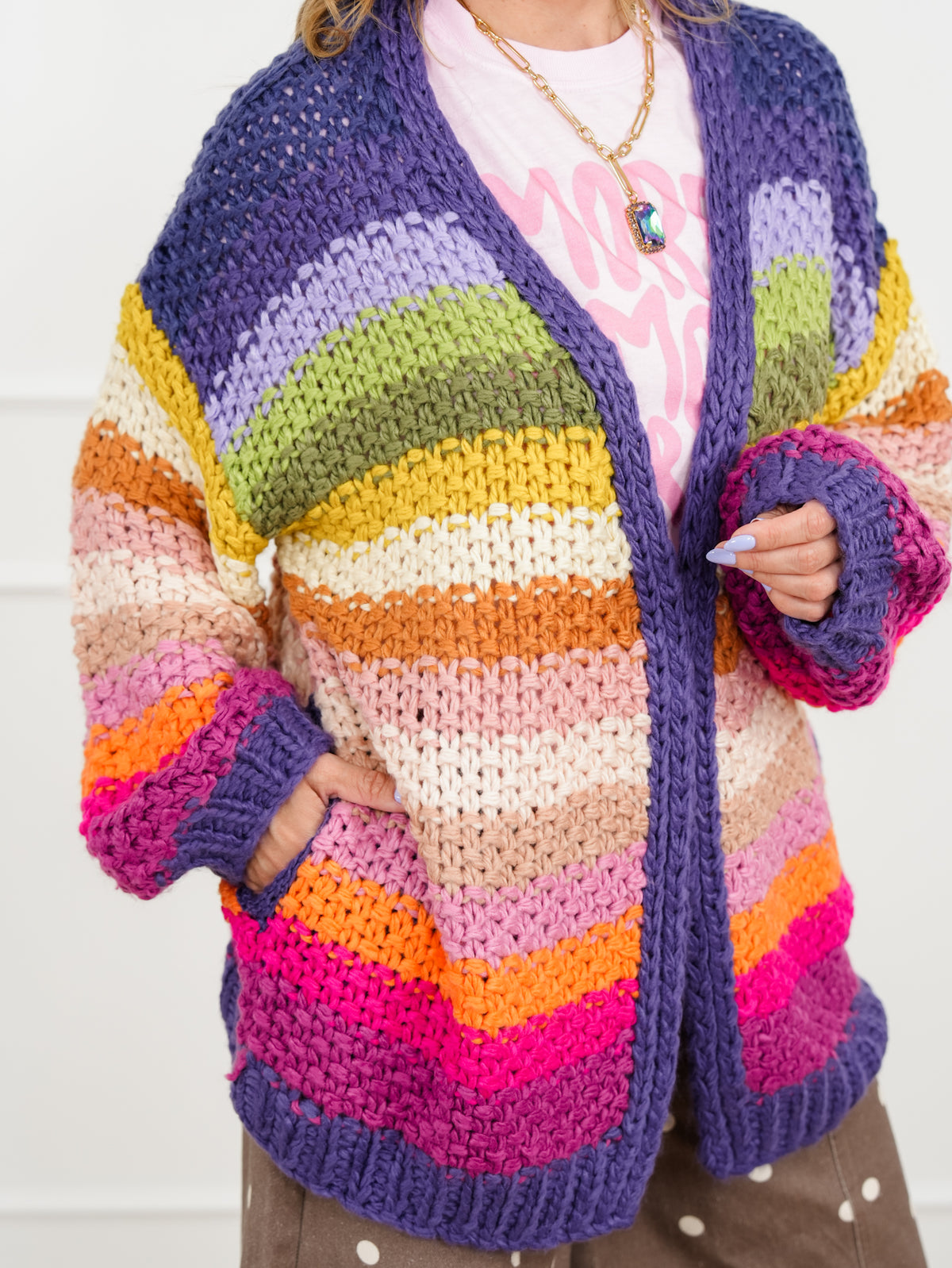 Restock! Rainbow Crochet Long Sleeve Open Front Cardigan - Freckled Poppy