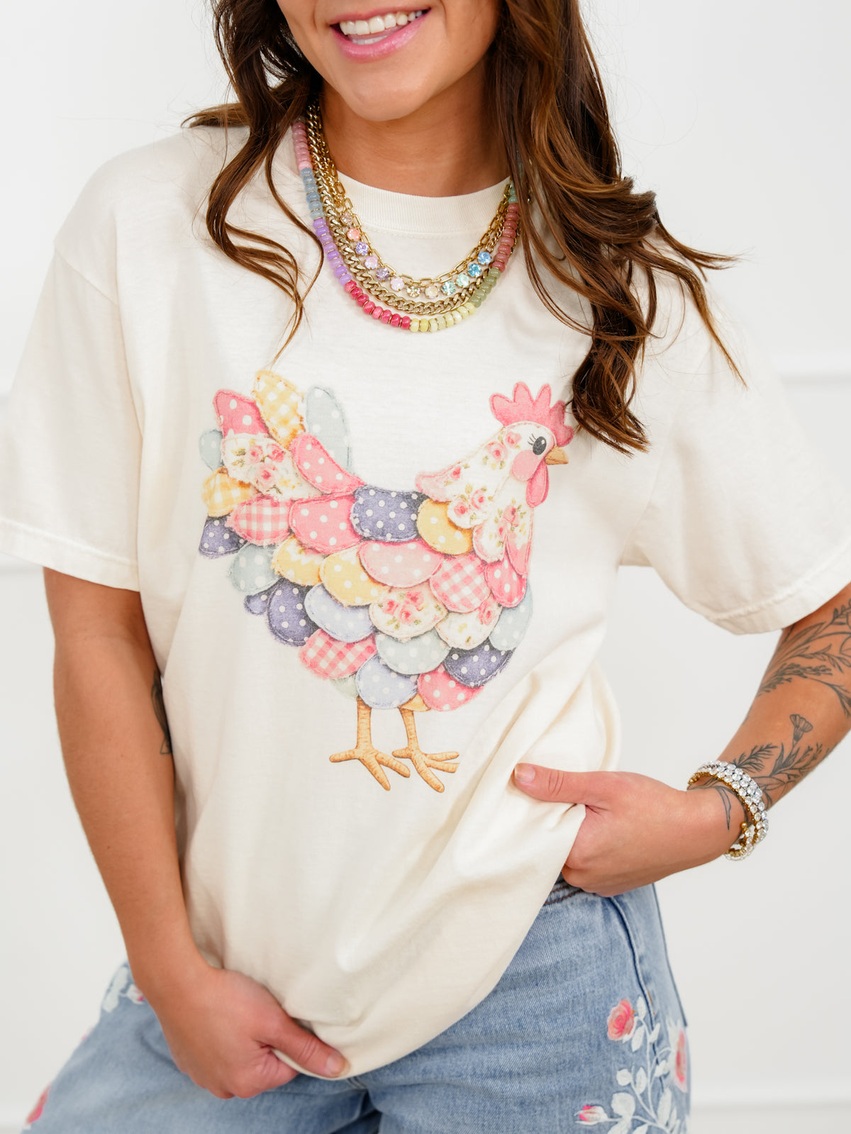 Plus/Reg Short Sleeve Quilted Chicken Graphic Tee - Freckled Poppy