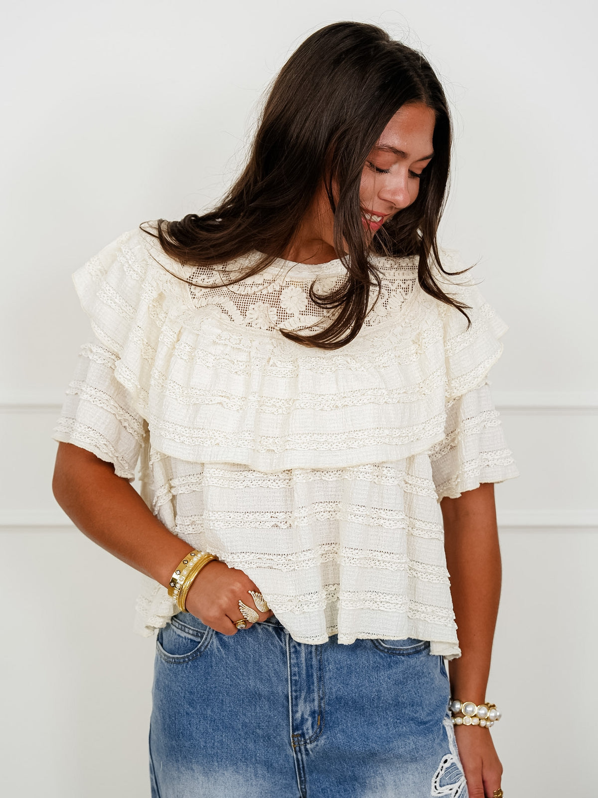 POL Textured Short Sleeve Round Neck Top with Ruffles - Freckled Poppy