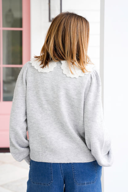 Knit Long Sleeve Frill Crochet Collar Cardigan - Freckled Poppy
