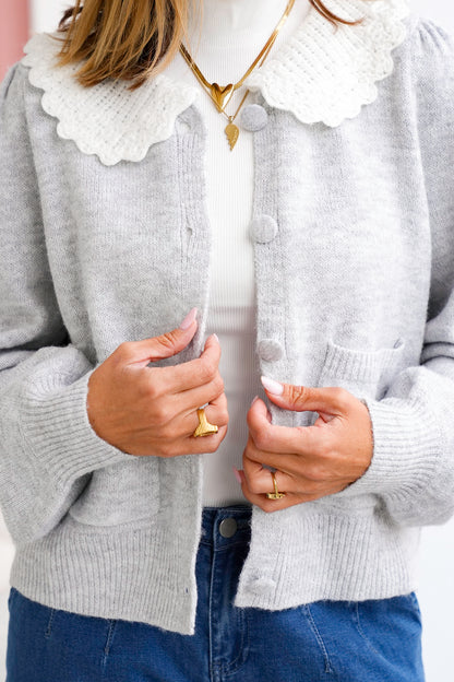 Knit Long Sleeve Frill Crochet Collar Cardigan - Freckled Poppy
