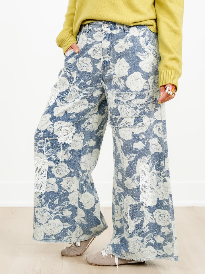 POL Rose Print High Waist Wide Leg Jeans - Freckled Poppy