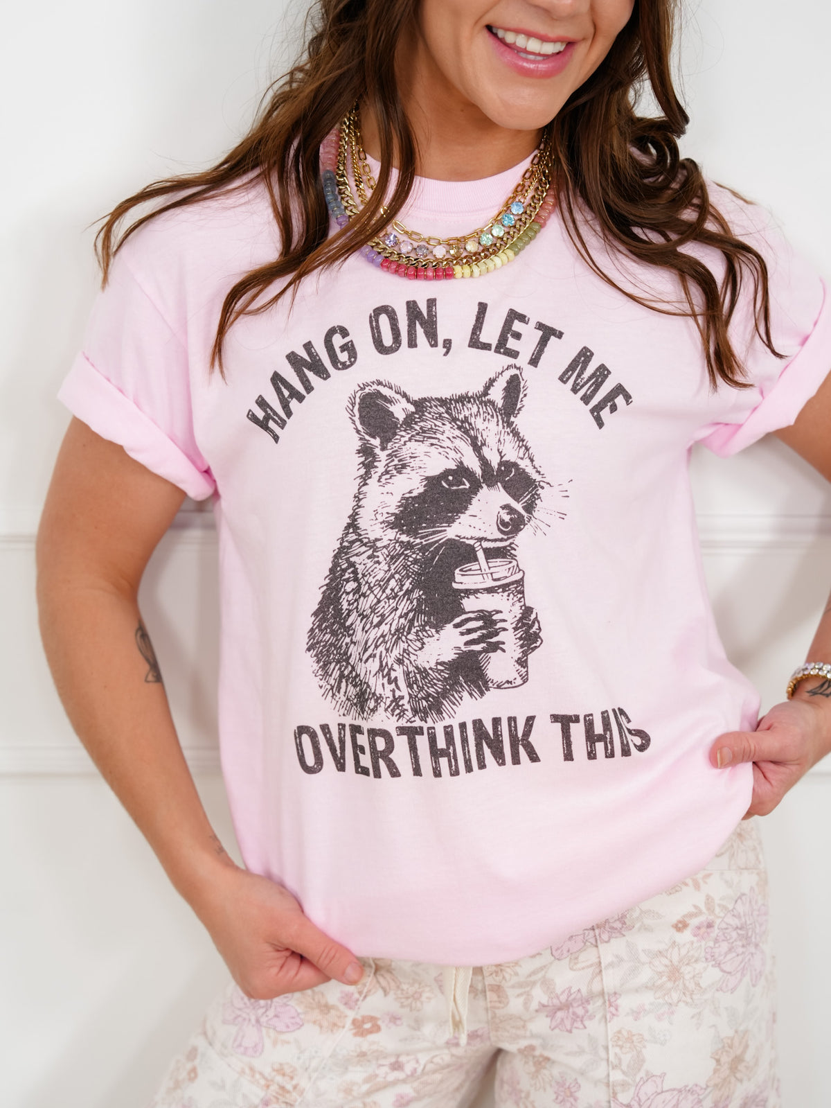 Plus/Reg Short Sleeve "Overthink Raccoon" Graphic Tee - Freckled Poppy