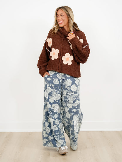 POL Berber Fleece Long Sleeve Cowl Neck Sweater with Floral Patch - Freckled Poppy