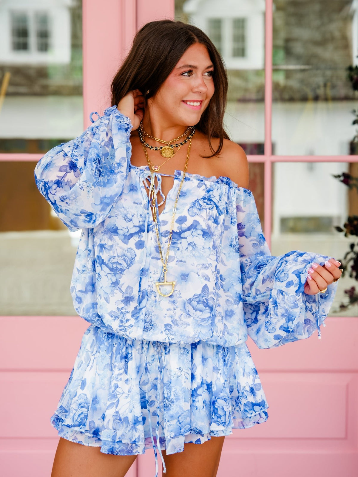 Blue Floral Long Sleeve Off Shoulder Drop Waist Mini Dress - Freckled Poppy