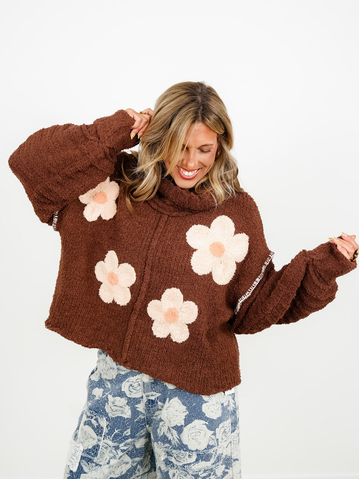 POL Berber Fleece Long Sleeve Cowl Neck Sweater with Floral Patch - Freckled Poppy