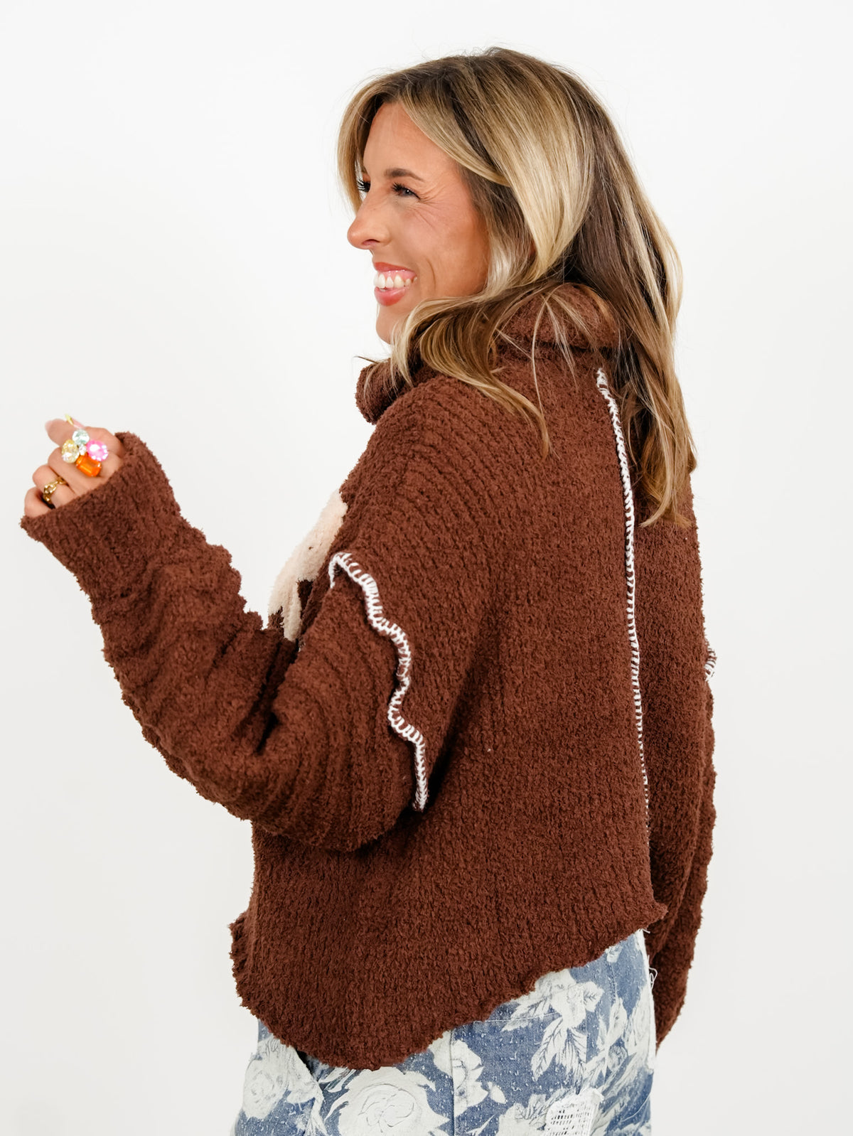 POL Berber Fleece Long Sleeve Cowl Neck Sweater with Floral Patch - Freckled Poppy