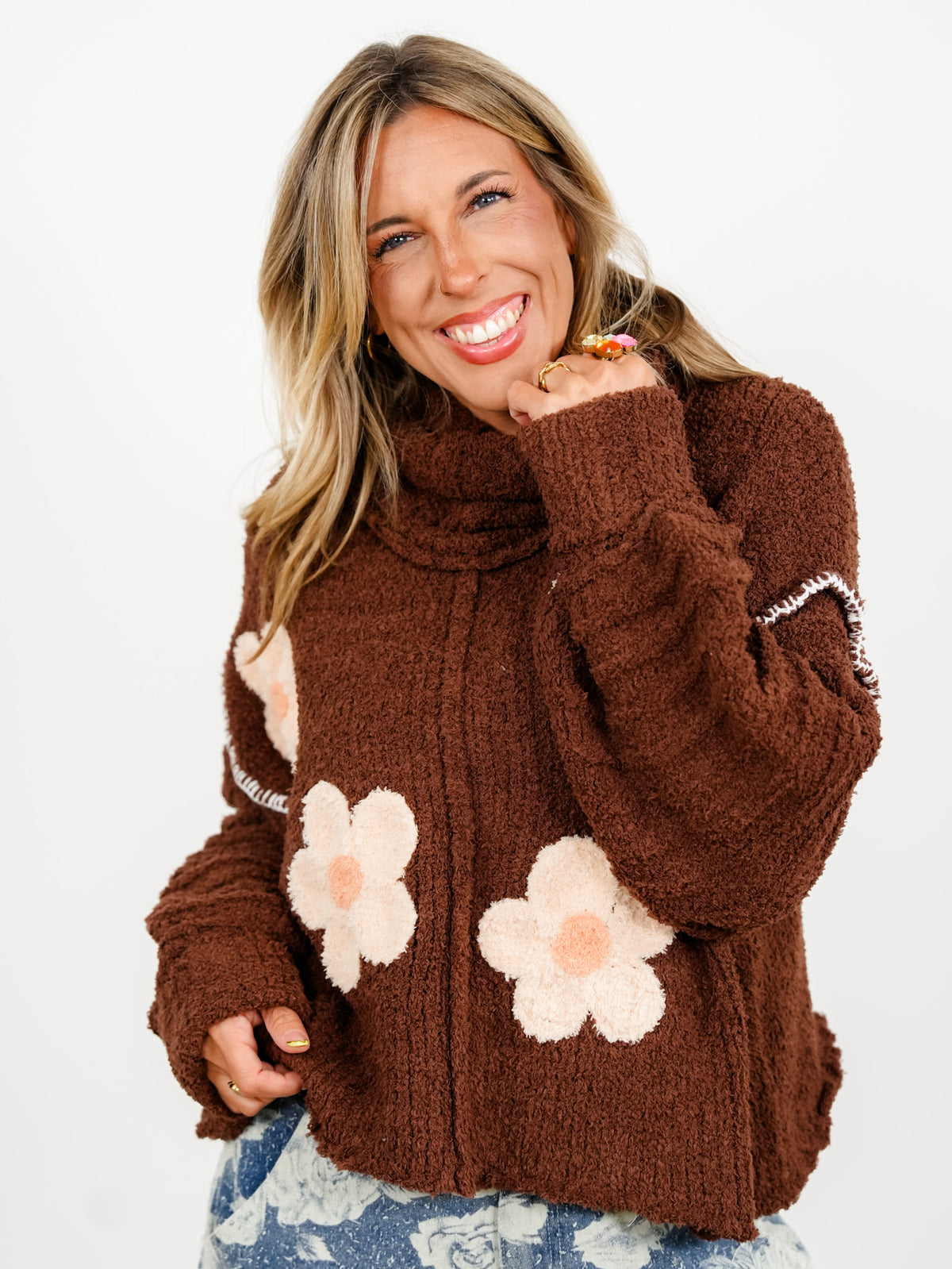 POL Berber Fleece Long Sleeve Cowl Neck Sweater with Floral Patch - Freckled Poppy