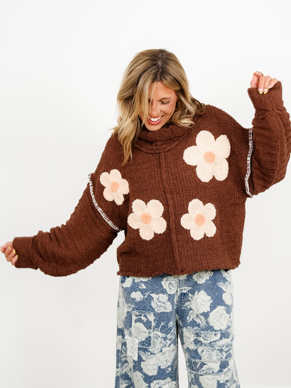 POL Berber Fleece Long Sleeve Cowl Neck Sweater with Floral Patch - Freckled Poppy