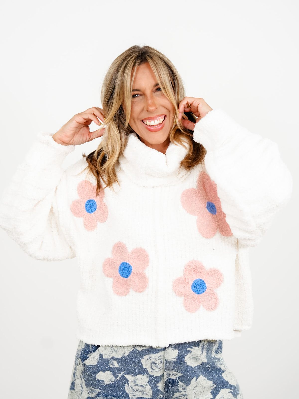POL Berber Fleece Long Sleeve Cowl Neck Sweater with Floral Patch - Freckled Poppy