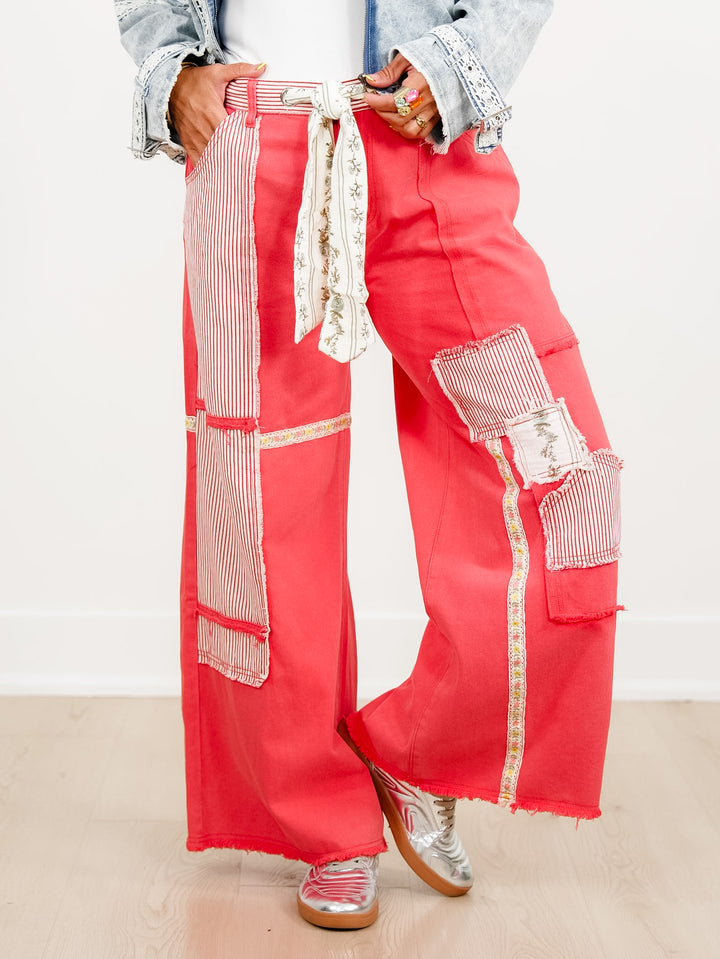 POL Red Patchwork High Waist Wide Leg Pants - Freckled Poppy