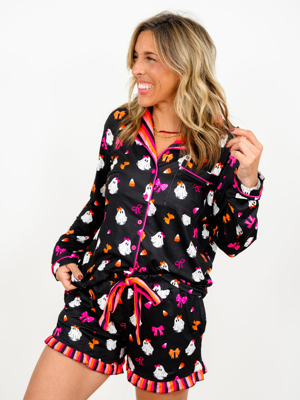 Plus/Reg Ghost Print Long Sleeve Top and Shorts Lounge Set - Freckled Poppy