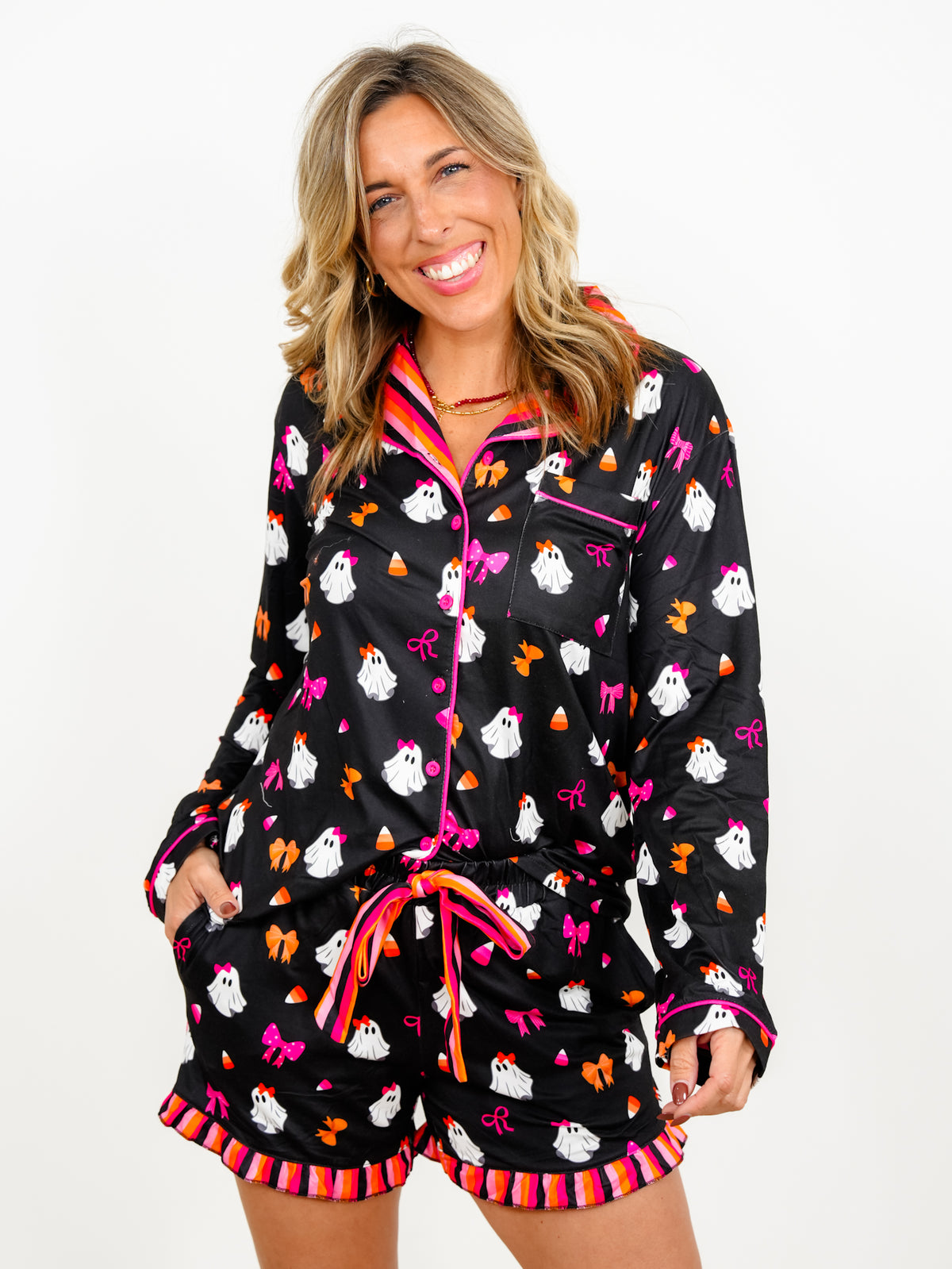 Plus/Reg Ghost Print Long Sleeve Top and Shorts Lounge Set - Freckled Poppy