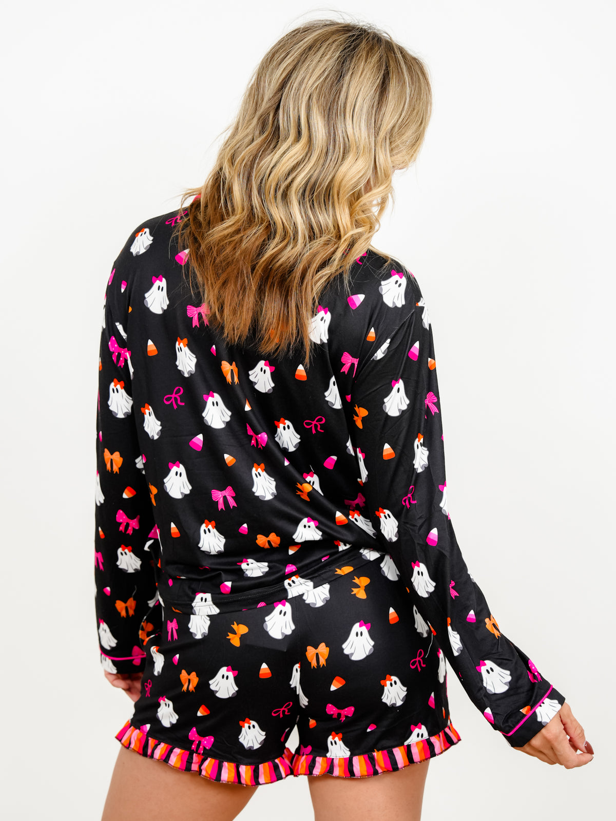 Plus/Reg Ghost Print Long Sleeve Top and Shorts Lounge Set - Freckled Poppy