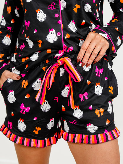 Plus/Reg Ghost Print Long Sleeve Top and Shorts Lounge Set - Freckled Poppy