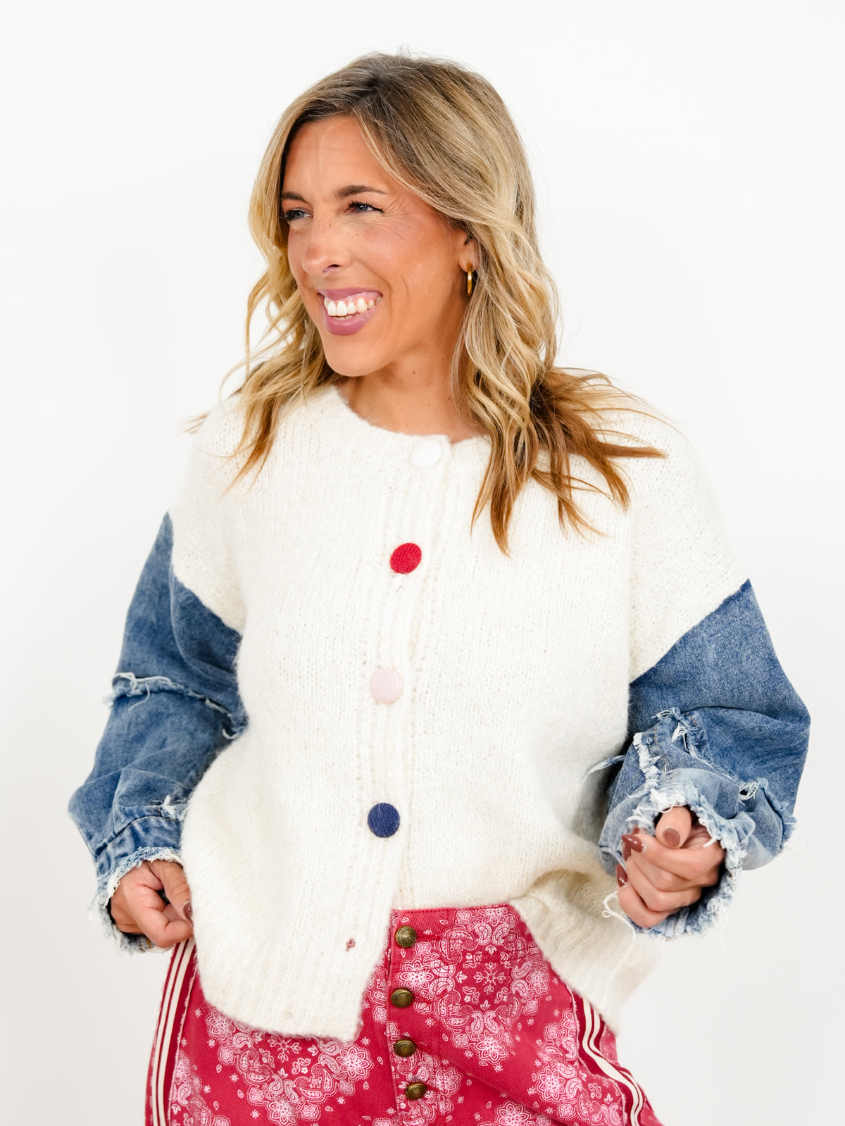 Plus/Reg Contrast Sleeve Multi Color Buttons Solid Knit Cardigan