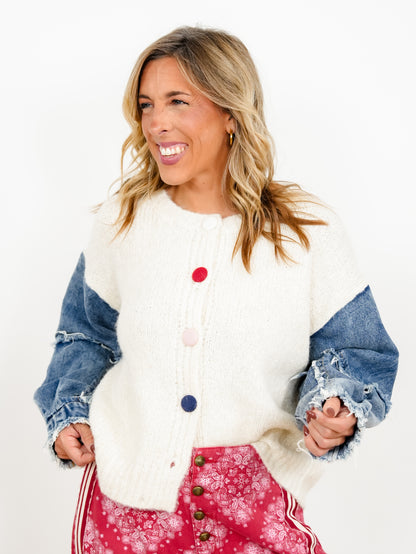 Plus/Reg Contrast Sleeve Multi Color Buttons Solid Knit Cardigan