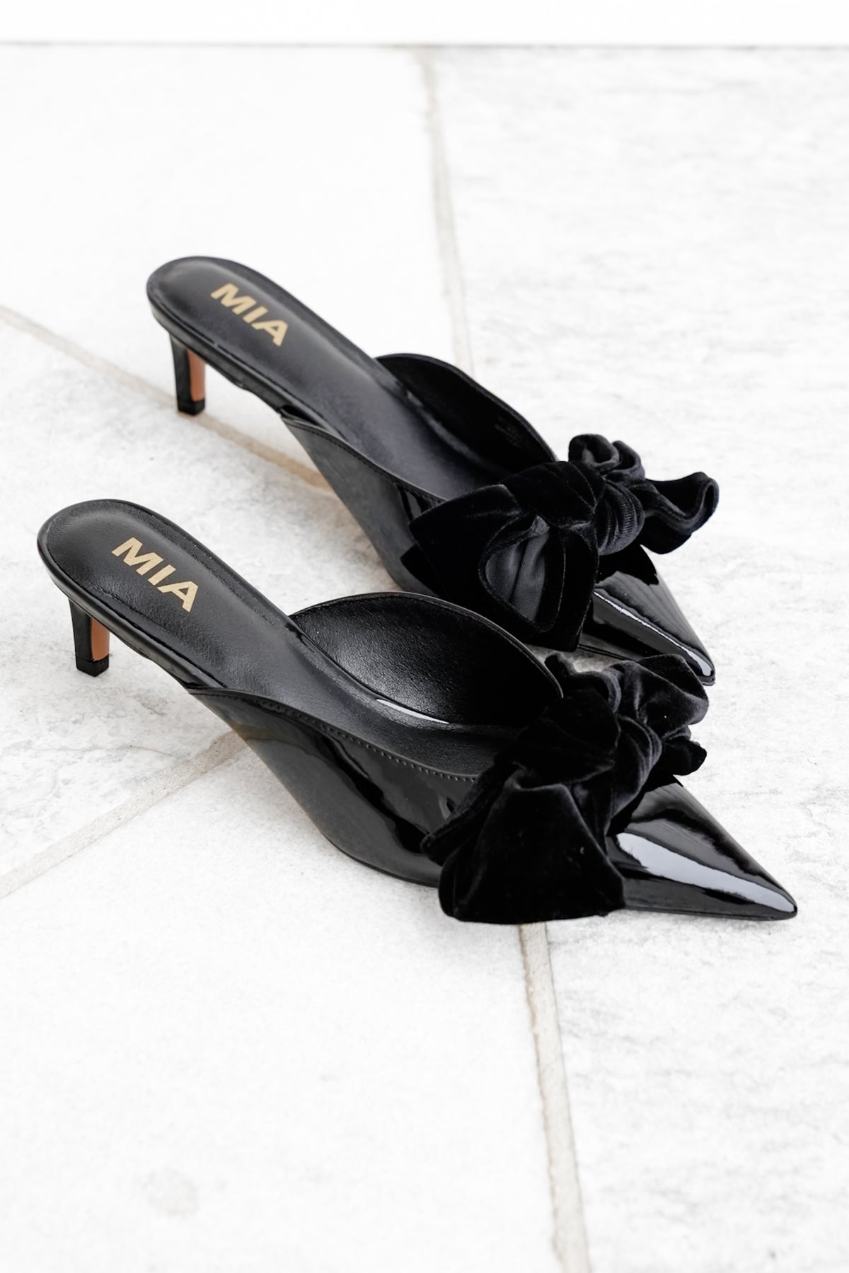 MIA Patent Vegan Leather Pointed Toe Mule with Velvet Bow - Freckled Poppy